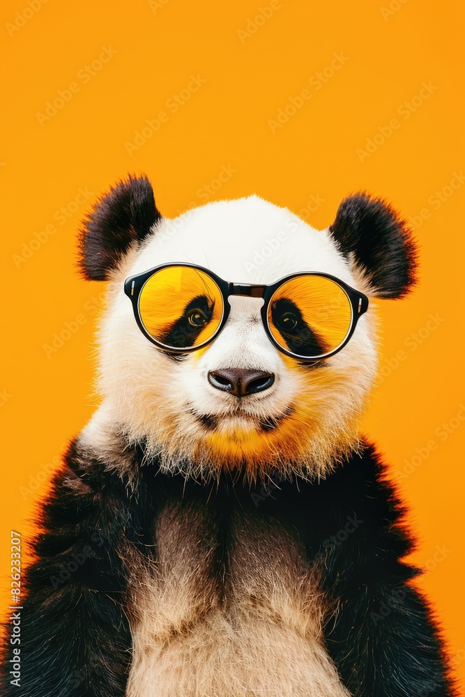 Cute funny animal panda in glasses on bright background, optics, funny poster, vision correction Cute funny animal panda in glasses on bright background, optics, funny poster, vision correction