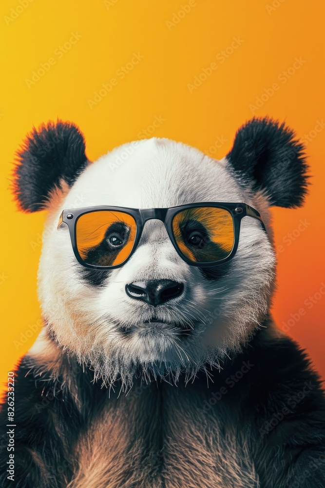 Fototapeta premium Cute funny animal panda in glasses on bright background, optics, funny poster, vision correction