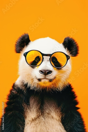 Cute funny animal panda in glasses on bright background, optics, funny poster, vision correction