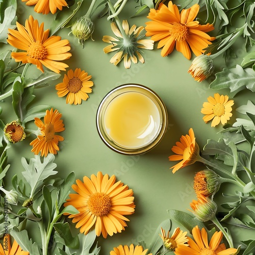Close-up image of a jar of calendula cream surrounded by fresh marigold flowers and leaves on a solid green background.