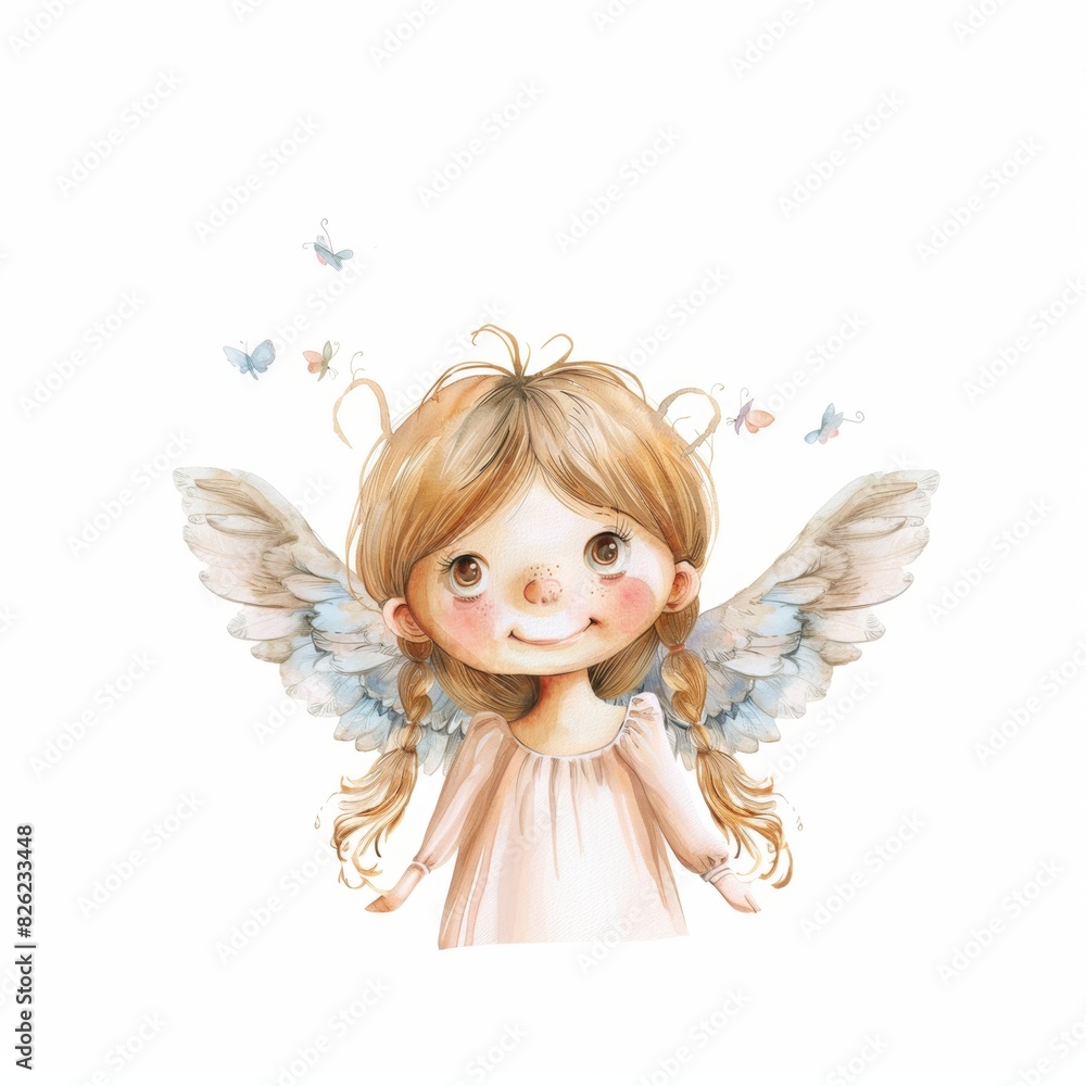 Fototapeta premium Cute cartoon character angel with wings. Nursary art.
