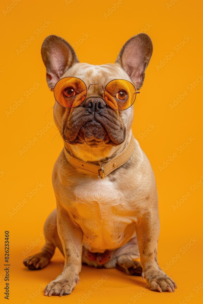 Cute funny pet dog French Bulldog in round glasses on bright background, optics, funny poster, vision correction Cute funny pet dog French Bulldog in round glasses on bright background, optics, funny poster, vision correction