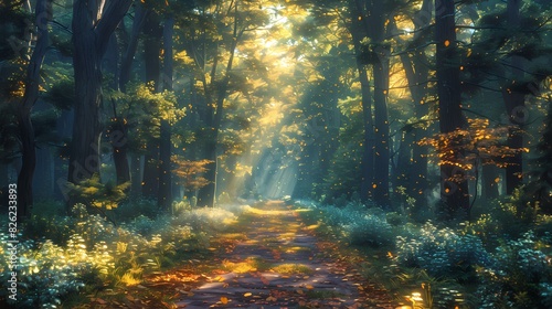 A tranquil forest pathway covered in a thick carpet of fallen leaves, with sunlight filtering through the green canopy and creating a magical ambiance photo