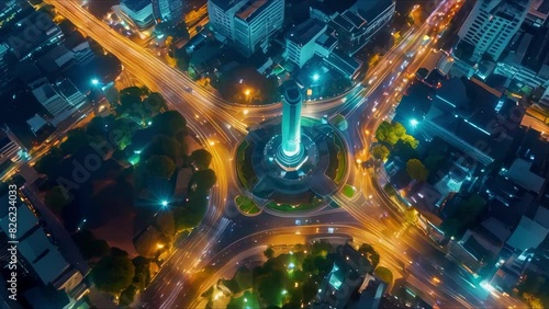 Aerial View of Victory Monument Roundabout at Night: A Bangkok Landmark with Traffic Lights. Concept Victory Monument, Bangkok, Aerial View, Night Lights, Traffic Circulation photo