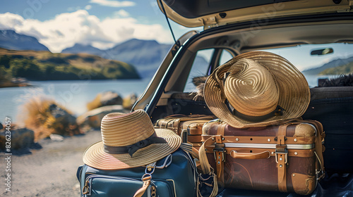A car trunk is packed with luggage and a straw hat for a trip photo