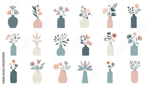 a large set of vases with flowers on a white background. Individual elements