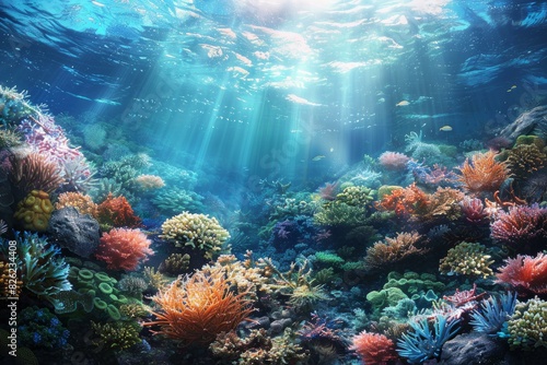 Breathtaking view of a colorful coral reef teeming with marine life illuminated by sunbeams