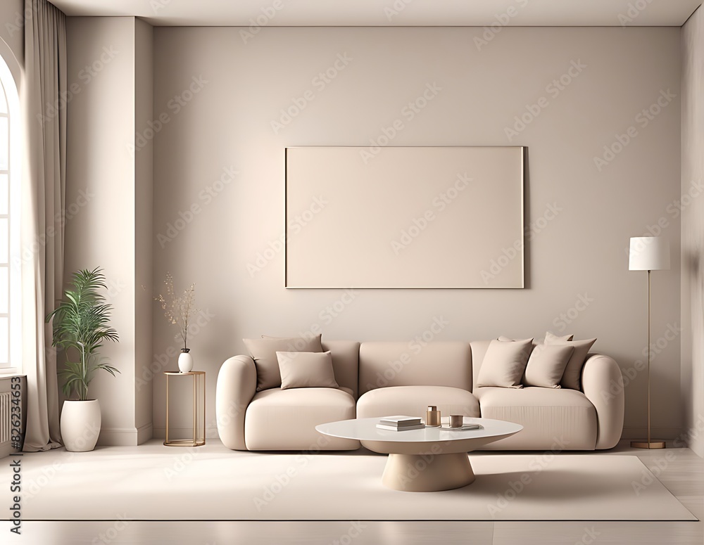 custom made wallpaper toronto digitalLight beige living room with Modern interior hall with furniture design mockup, ivory taupe plaster microcement wall, luxury nude accent lounge reception, 3D render