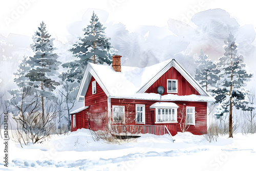 Watercolor scandinavian cottage in nature colored in falu red photo