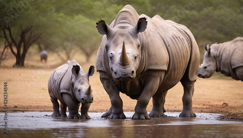 adult and one baby rhinoceros standing in a pool of water © Haji