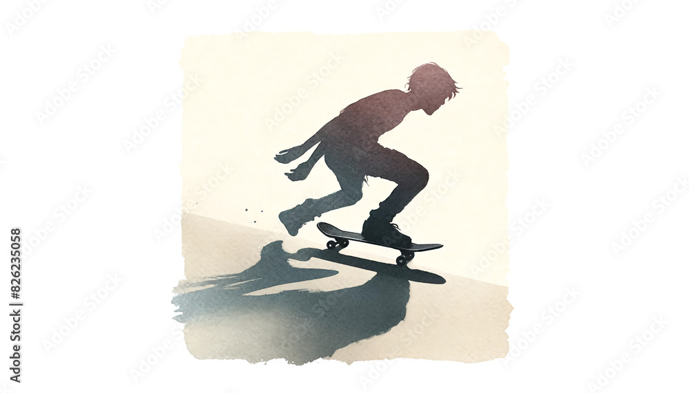 Naklejka premium Watercolor Illustration of Skateboarder Shadow