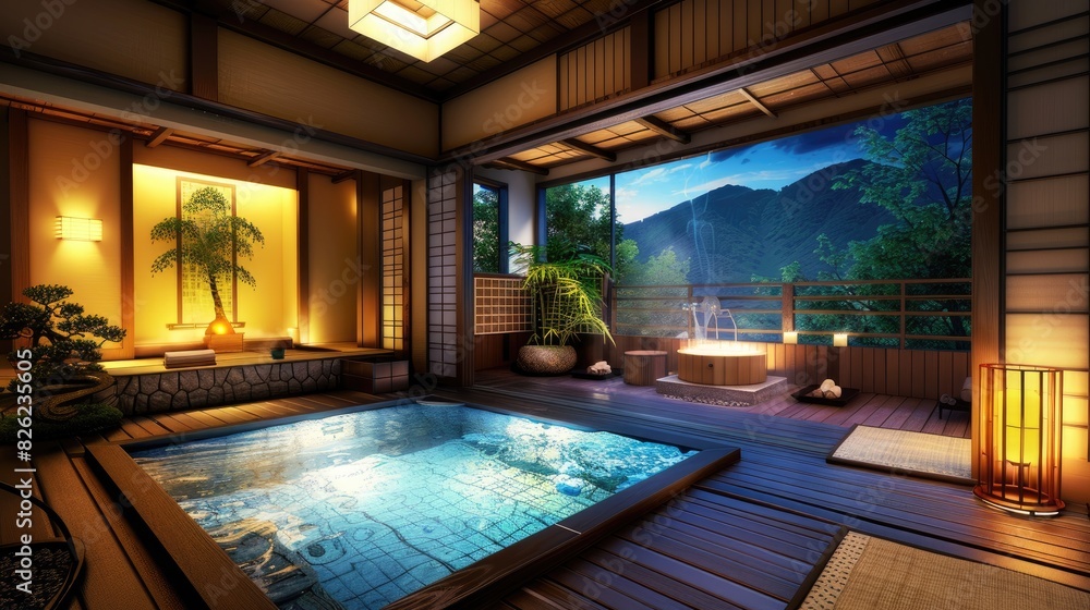 Japanese hot spring, in a traditional Japanese house at night with a wooden floor and dark yellow wall, a large window showing a nature view, cozy lamp lighting, a wooden bathtub filled with water.