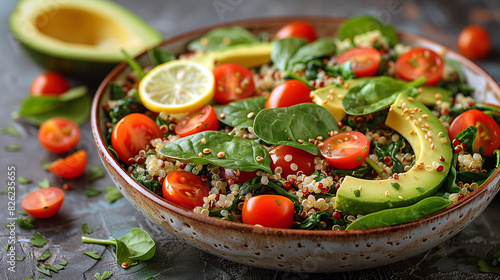 Spinach and Quinoa Salad with cooked quinoa  spinach  cherry tomatoes  avocado  and a lemon-tahini dressing.