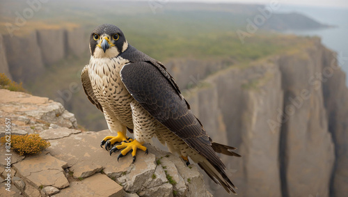 falcon is perched on a rock outcropping. In the background