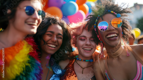 A group happy multiracial friends, gays of young  and transexual , LGBTQ wearing colorful clothes and accessories, celebrate  of PRIDE MONTH IN red, orange, yellow, green, blue, purple colors, with co