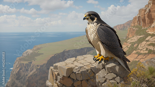 falcon is perched on a rock outcropping. In the background