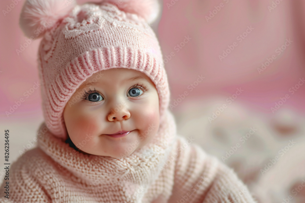 Adorable baby with big blue eyes in a pink knit sweater, radiating warmth and innocence. Perfect for family albums, parenting blogs, and children's clothing ads Adorable baby with big blue eyes in a pink knit sweater, radiating warmth and innocence. Perfect for family albums, parenting blogs, and children's clothing ads