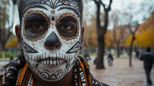 Captivating Portrait of Person with Day of the Dead Face Paint in Autumn Park