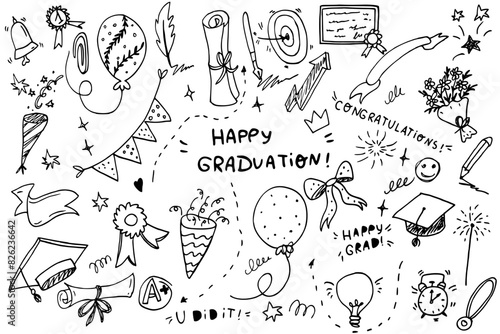Set Graduation concept doodle icon. Perfect for university, school poster, flyer, web, textile design. Vector illustration. 