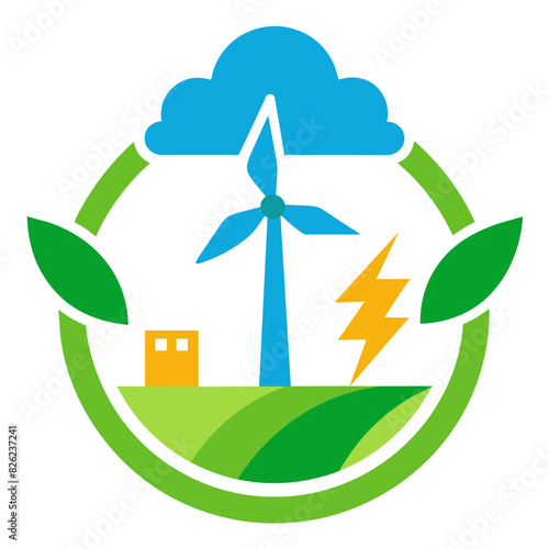 A wind turbine, cloud, lightning, leaves enclosed in a circle