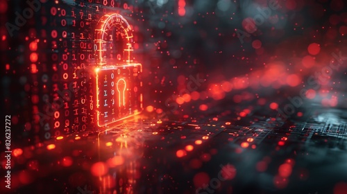 Glowing Cybersecurity Lock on Digital Data