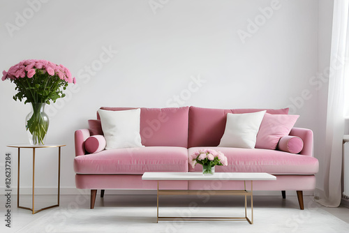 Modern minimalistic living room interior with pink sofa and table with a vase of bouquet of flowers against white wall. Spacious classic style living room has a velvet sofa. Home cozy interior decor