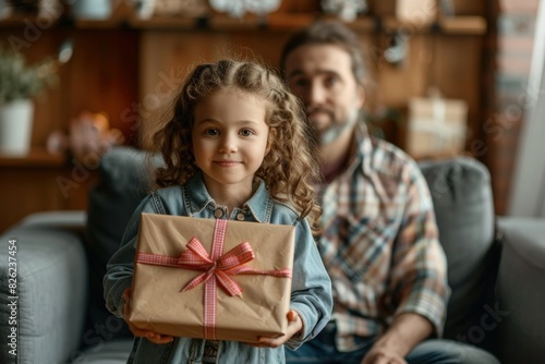 Little girl holding gift box with man sitting on couch, family holiday celebration and joyful present giving concept