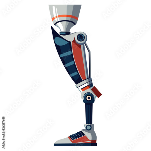 The image shows a cartoon artificial leg with a white backdrop