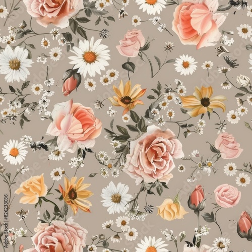 Wallpaper Mural Elegant Floral Pattern with Roses and Daisies on Neutral Background Torontodigital.ca