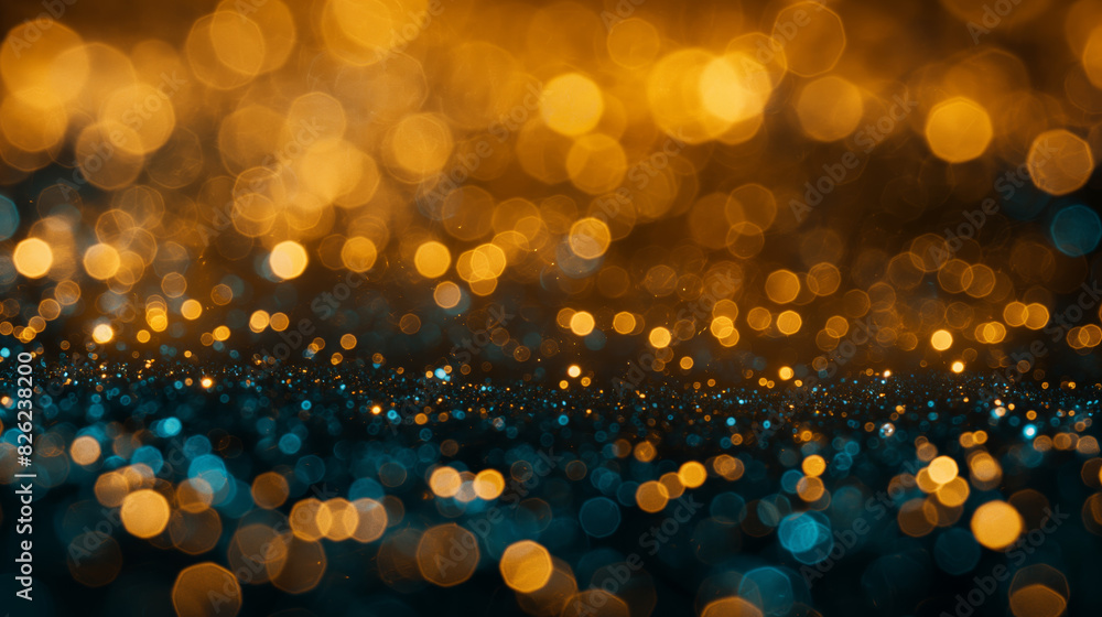 A blend of blue and gold bokeh lights that creates a serene and tranquil background