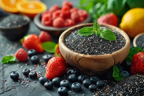A wooden bowl full of chia seeds with scattered berries and mint garnish on a dark textured surface photo
