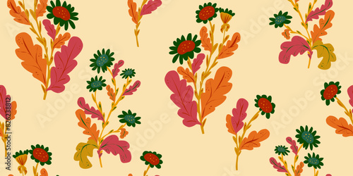 Stylized chamomile flowers, floral pattern. Vector overlapping seamless pattern