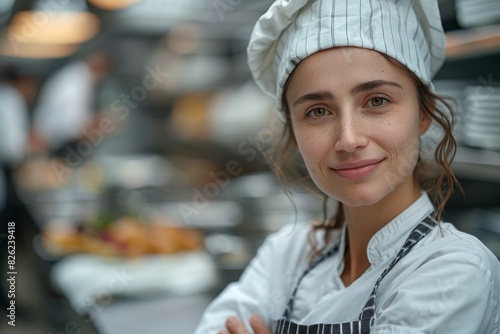 A female chef in professional attire stands confidently in a bustling kitchen environment, highlighting her culinary skills and leadership