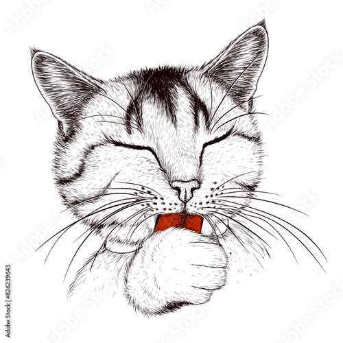 Vector illustration of a tabby cat licking its paw in engraving style