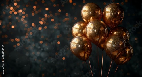 Elegant golden balloons on a black backdrop, designed for upscale party announcements