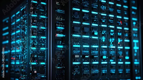 A seamlessly looped video animation in a data center slowly pans across server equipment, highlighting the flashing light indicators in close-up.