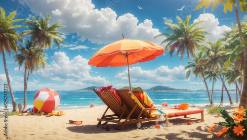 beach scene. There is a person sitting in a beach chair under an umbrella