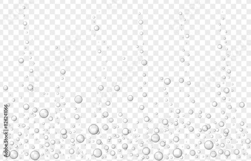 Airy black soda bubbles, abstract bubbles under water on a light transparent background. Fizzy transparent bubbles for the design of carbonated drinks, aquarium, champagne. photo