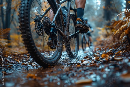 Action shot of mountain biker riding through a forest with autumn leaves and mud