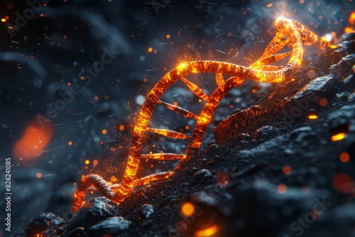 Fiery DNA helix emerging from volcanic landscape, illustrating powerful genetic engineering concepts photo