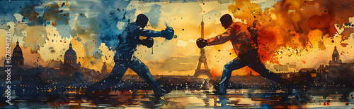 Watercolor illustration of two boxers in action against a Paris skyline, representing the Olympic Games and competitive spirit photo