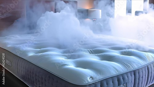 Efficient steam cleaning service sanitizes mattresses for improved bedroom hygiene. Concept Steam Cleaning, Mattress Sanitization, Bedroom Hygiene, Efficient Service photo