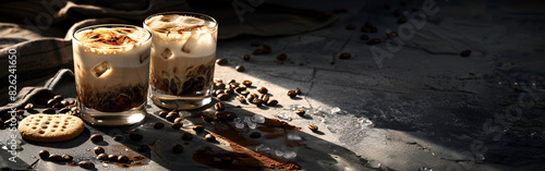 close up of an two  iced coffee latte with steam and condensation beans spread on the table in background 