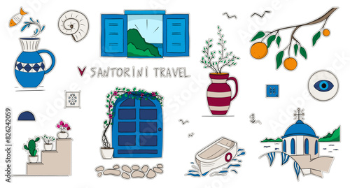 Travel destinatiouns Santorini. Souvenir stickers with Santorini attractions. Sketch style. Hand drawing. Vector photo