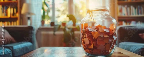 Gratitude Jar Focus on a jar filled with notes of gratitude with a cozy living room background, warm indoor light, empty space left for text Christmas photo