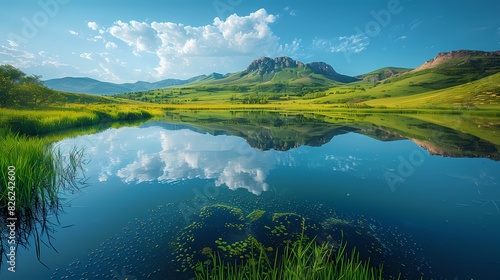 A tranquil lake nestled amidst a vast expanse of green fields  with the reflection of the surrounding hills mirrored in its calm waters
