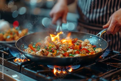 Hands cooking stir-fry showing a burst of flame as ingredients are tossed in a pan on a gas stove
