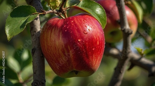 A sumptuously ripe red apple, its flawless surface reflecting the sunlight as if still hanging on the tree