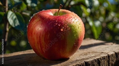 A sumptuously ripe red apple, its flawless surface reflecting the sunlight as if still hanging on the tree