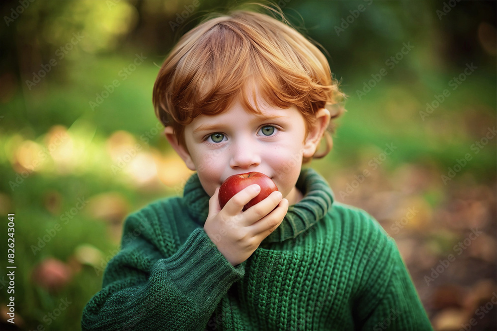 Little red haired boy in green sweater eating red apple Little red haired boy in green sweater eating red apple